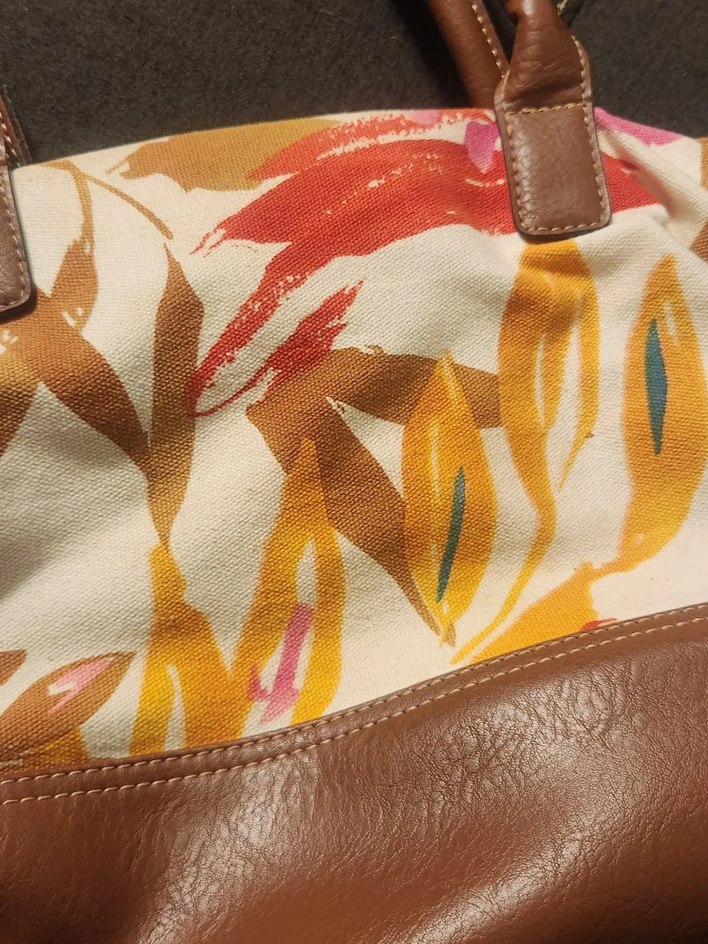Canvas Tote Purse with Brown Leather Trim - Multicolor Floral